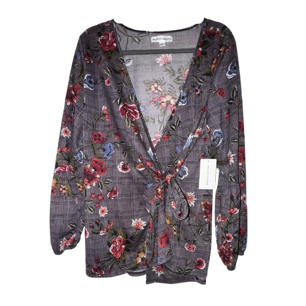 New York Laundry 2X Wrap Top Brown Plaid Floral Long Sleeve Tie Front NWT - Picture 3 of 7
